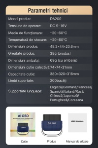 Techstar DA200 OBD2 autódiagnosztikai teszter AI alkalmazással, hibakódok visszaállítása, valós idejű adatok, a legtöbb autóval kompatibilis - Img 8