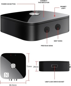 Techstar T68 Bluetooth Audio Receiver vevőegység Bluetooth Techstar T68, BT 5.3, NFC, RCA L/R + AUX 3.5mm, USB U-Disk, IR távirányító, HiFi, 10m, Fekete - Img 2