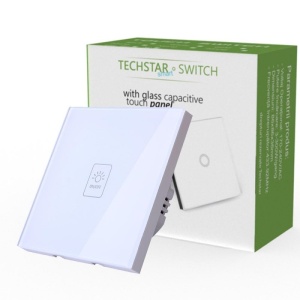 Intrerupator touch Techstar TG02 alb prezentat langa ambalajul original
