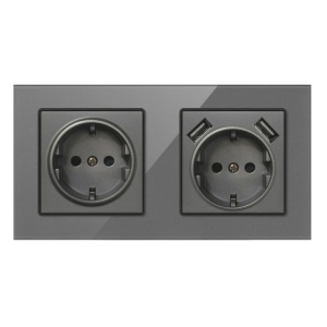 Dupla fali aljzat 2 USB porttal és üveglappal Techstar® TS-G, 110-250V, 16A, tűzálló, 80x151 mm, szürke