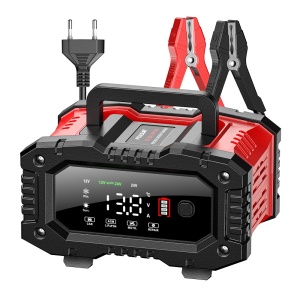 Foxsur FPT-200 digitális automatikus egyenirányító, 12V/24V 20A automatikus töltő 6Ah-300Ah akkumulátorokhoz, LCD képernyő és kiterjesztett kompatibilitás autók, motorkerékpárok, teherautó ak
