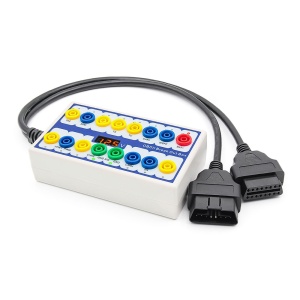 Tester comunicare OBDII cutie breakout OBD2 cu indicatori LED functie alimentare ECU convertor interfata OBD1 la OBD2 vedere laterala cu mufa