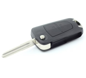 Carcasa cheie auto Techstar compatibila Opel Astra Corsa Vectra Meriva tip briceag 2 butoane lama pe stanga culoare neagra vedere laterala inclinata