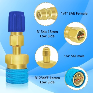 adaptor albastru low side R1234yf la R134a cu detalii filet 1 4 SAE