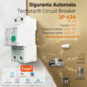 Techstar smart automatikus biztosíték, WiFi, Fogyasztás figyelés, Tuya/Smartlife, 2P Pole, 1P+N, Egyfázisú, 63A, Google Home és Alexa szolgáltatás kompatibilis - Img 2