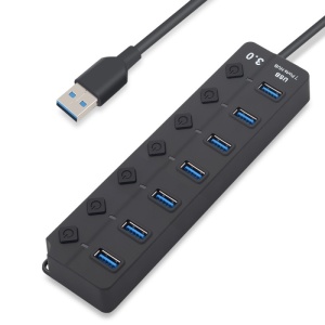 Techstar USB Hub 3.0, nagy sebességű, 7 x USB 3.0 port, be- és kikapcsoló gomb, töltővel és USB csatlakozással, PC, Mac, Android