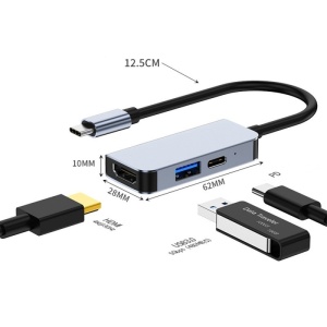Adaptor USB-C cu port HDMI 4K, USB 3.0 si PD, model Techstar CYC3IN1
