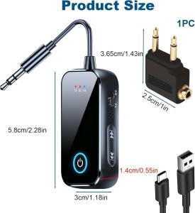 Audio adapter Bluetooth 6.0 Techstar T80 TX/RX 2in1, 3,5 mm-es csatlakozó, kettős csatlakozás, mikrofon, USB-C, TV/PC/Autó/Avionhoz - Img 4