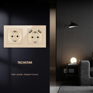 Priza dubla cu USB si panou din sticla auriu iluminata