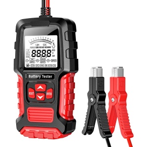 Foxsur FBT-300 intelligens akkumulátortesztelő, 12V/24V, autókhoz és motorkerékpárokhoz, 2,7" LCD képernyővel, kompatibilis VRLA/GEL/AGM/EFB/STD akkumulátorokkal, fekete/piros