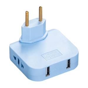 Háromszoros, 180°-ban elforgatható adapter 2 aljzattal és 2 USB porttal Techstar®, 2500 W, kék – ideális szűk helyekre