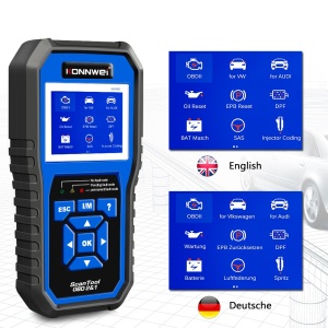 tester diagnoza Konnwei KW450 cu meniu functii pe ecran albastru