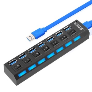 Techstar® HUBA55 7 portos USB-elosztó, 1 x USB 3.0, 6 x USB 2.0, LED tápellátás visszajelző, független kapcsoló, számítógép, laptop, asztali, fekete