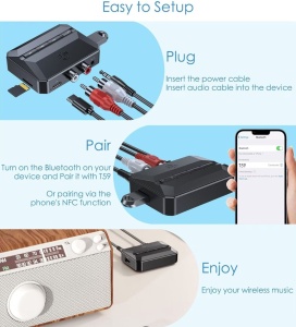Techstar T59 Bluetooth 5.3 audio vevő NFC-vel, hands-free mikrofonnal, AUX 3.5 mm, RCA, USB, TF-kártya, Type-C 5V, autóhoz, hangszórókhoz és erősítőhöz - Img 9