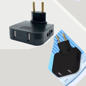 Adaptor triplu rotativ negru cu 2 prize si 2 porturi USB
