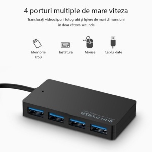 Hub USB Techstar HUBA0402 cu viteza transfer 5Gbps si design compact