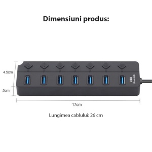 Hub USB Techstar HUBA2401 cu butoane ON/OFF pentru fiecare port, control independent