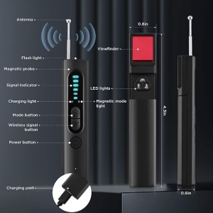 Techstar T15 kémelhárító detektor rejtett kamerákhoz, mikrofonokhoz, GPS/GSM eszközökhöz, 1 MHz–6.5 GHz RF-jelekhez, lencse- és mágnesesmező-érzékeléssel, 6 érzékenységi szinttel, USB-C, fekete - Img 10