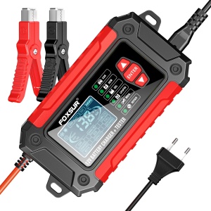 Akkumulátortöltő és teszter FOXSUR FTC-1206 2 az 1-ben, 12V/6A – Intelligens egyenirányító autó- és motorkerékpár-akkumulátorokhoz szulfátmentesítéssel, impulzusjavító funkcióval, piros/feket