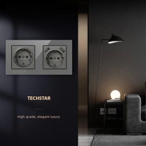 Priza dubla de perete cu 2 porturi USB si panou din sticla gri iluminata