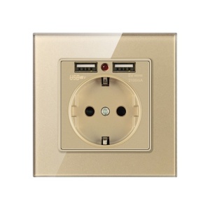 Fali aljzat 2 USB-porttal és üvegkerettel Techstar® TS-GL, 110-250V, 16A, Tűzálló, 86x86mm, Arany