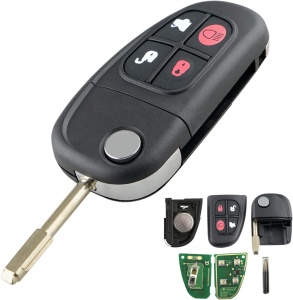 Programozható, teljes autókulcs 433MHz, 4 gombbal, 4D60 chippel, Jaguar X-Type, S-Type, XJ, XJR, XK, XF modellekkel kompatibilis, elektronikával és FO21 pengével, FCCID: NHVWB1U241