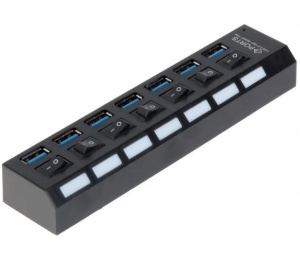 Techstar® HB6 USB hub, 3.0 nagy sebességű, 7 USB 3.0 port, be / ki gomb, USB 3.0 csatlakozás