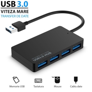 Hub USB Techstar HUBA0401 1 x USB 3.0 si 3 x USB 2.0, viteza transfer 5Gbps