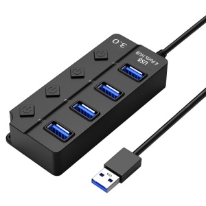 Techstar® HUBA0701 4 portos USB-elosztó, 1 x USB 3.0, 3 x USB 2.0, LED tápellátás jelző, független kapcsoló, fekete