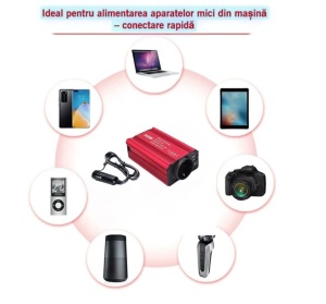 Diagramă conexiuni invertor: baterie 12V / brichetă / USB-C și USB