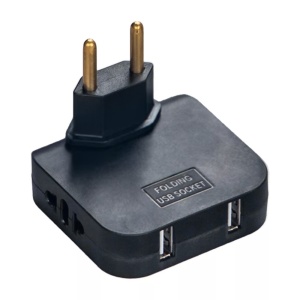 Háromszoros, 180°-ban forgatható adapter 2 aljzattal és 2 USB porttal, Techstar®, 2500 W, fekete – ideális szűk helyekre