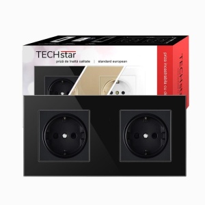 priza Techstar Crystal TS2 dubla negru onyx cu rama sticla securizata
