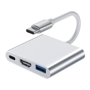 Techstar® DJ3IN1 3 az 1-ben USB-C-HDMI többfunkciós adapter, HDMI 4K, 1 x USB 3.0, 1 x USB C, PD port, ezüst