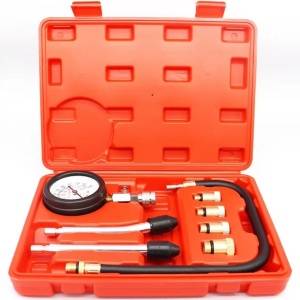 Techstar benzinmotor kompressziómérő, 0-20 bar nyomásmérővel, 45 cm-es flexibilis tömlővel, 4 menetes adapterrel (M10, M12, M14, M18) és 2 univerzális kúpos adapterrel