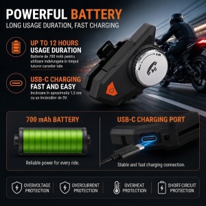 Techstar MotoCom Bluetooth 5.4 motoros headset, Hands-Free, mikrofonnal és hangszórókkal, Dual Phone, IPX6, 700 mAh akkumulátor, akár 12 órás üzemidő, USB-C, navigáció és hangasszisztens - Img 3