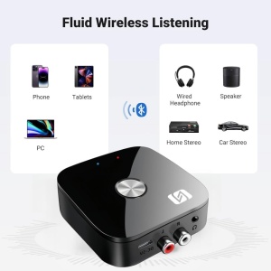 Techstar T68 Bluetooth Audio Receiver vevőegység Bluetooth Techstar T68, BT 5.3, NFC, RCA L/R + AUX 3.5mm, USB U-Disk, IR távirányító, HiFi, 10m, Fekete - Img 4