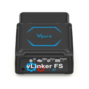 Vgate vLinker FS – vedere frontală, etichetă și LED