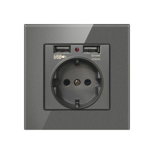 Fali aljzat 2 USB-porttal és üvegkerettel Techstar® TS-GL, 110-250V, 16A, tűzálló, 86x86mm, szürke