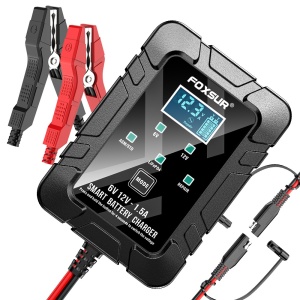 FOXSUR 6V/12V intelligens autós és motoros akkumulátortöltő, 1,5A, kompatibilis AGM, GEL, SLA, LiFePO4, impulzusjavítással, digitális LCD, többszörös védelem