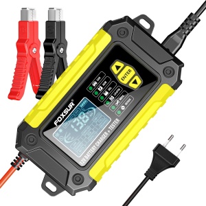 FOXSUR FTC-1206 2 az 1-ben akkumulátortöltő és tesztelő, 12V/6A – Intelligens egyenirányító autó- és motorkerékpár-akkumulátorokhoz szulfátmentesítéssel, impulzusjavító funkcióval, sárga/feke