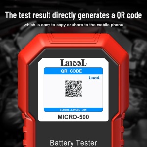 Tester cu cod QR afisat pe ecran si iconite baterie