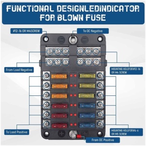 Techstar autós biztosítékdoboz, 12 áramkörös panel, 12–24V, max. 100A, LED hibajelzés, pozitív/negatív sín, 24 db 5A/10A/15A/20A biztosítékkal, átlátszó fedéllel, autóhoz, lakókocsihoz, hajóhoz és teherautóhoz - Img 12