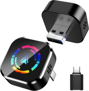 Apple CarPlay és Android Auto 2 az 1-ben vezeték nélküli adapter Techstar M17+, USB/USBC Plug & Play, Wi-Fi 5.8GHz + Bluetooth, Mini Compact, Auto Connect, LED üveggel