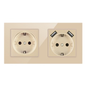 Dupla fali aljzat 2 USB porttal és üveglappal Techstar® TS-G, 110-250V, 16A, tűzálló, 80x151 mm, arany