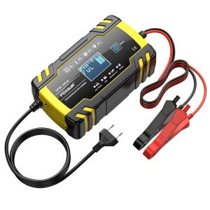 Foxsur B0228-Y mikroprocesszoros autós akkumulátortöltő, 12/24V, 4/8A, LCD kijelző, impulzusjavító funkció, 170x98x58mm, sárga