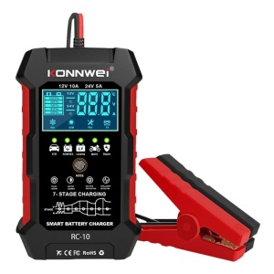 Konnwei RC-10 intelligens autós akkumulátortöltő 12V/24V 5A/10A LCD kijelző akkumulátorjavítás impulzus funkcióval kompatibilis Li-ion Lifepo4 akkumulátor gél ólom savas akkumulátorok piros/f