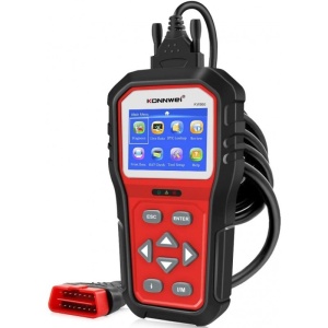 Tester diagnoza KONNWEI KW860 rosu, afisaj iluminat si cablu OBD conectat