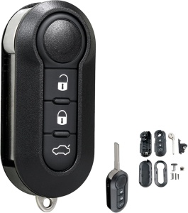 Techstar autókulcstartó késes kialakítású, 3 gombbal és pengével, kompatibilis az Opel Combo D, Fiat 500, Panda, Punto, Bravo, Ducato, Citroen Jumper, Peugeot Boxer modellekkel – kihajtható k