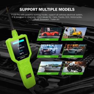 tester P100 Pro cu afisaj aprins pe fundal albastru
