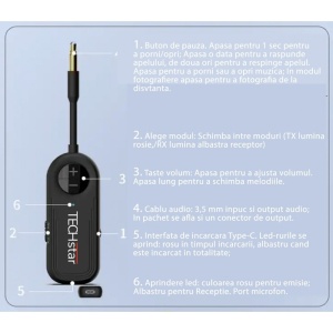 Vezeték nélküli adapter 2 az 1-ben TX/RX audio TX/RX adó fekete Techstar® M28, Bluetooth BT 5.3 és 3,5 mm audio port csatlakozóval - Img 5